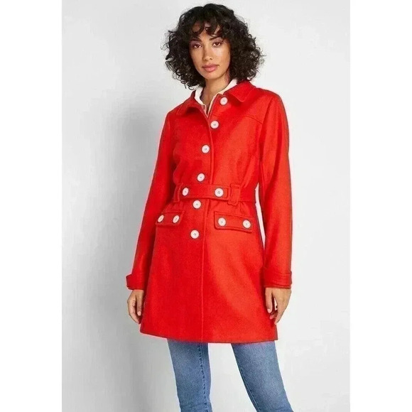 MODCLOTH Wool Coat L Red NWT Peacoat Tie Front Trench Long White Buttons Women’s - Picture 8 of 9